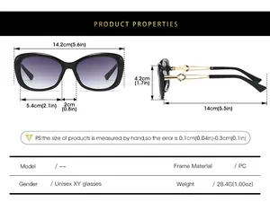 Detailed size chart for trendy square sunglasses featuring frame width and PC material specs