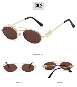 Detail view of oval sunglasses with golden metal frame and H-shaped hinge design