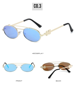 Detailed views of gold oval sunglasses with double bridge and H-shaped metal temple detail
