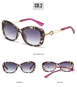 Three-view display of square butterfly sunglasses with purple tortoise frames and gold temples