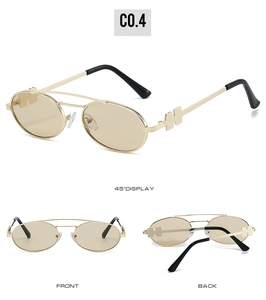 Detailed views of gold metal oval sunglasses featuring unique hollow-out temple ornaments