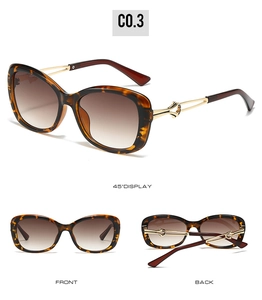Three-angle view of oversized tortoiseshell sunglasses with gold filigree temple detail