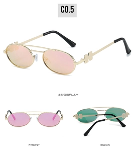 Detailed views of oval metal sunglasses with H-shaped hollow temples and colorful lenses
