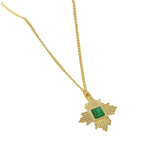 Retro gold necklace with geometric sunburst pendant featuring a green malachite stone