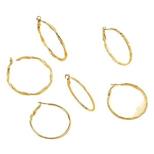 Three pairs of golden hoop earrings featuring twisted, diamond-cut and smooth textures