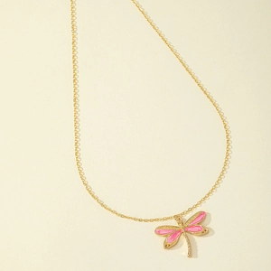 Collana con ciondolo a libellula dorata minimalista con smalto rosa e strass lucidi