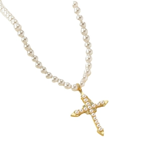 Elegant pearl necklace with a vintage gold cross pendant featuring micro pearl inlays