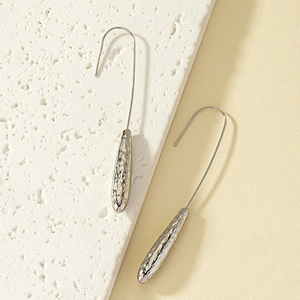 Minimalist silver hammered waterdrop long hook earrings with textured metal finish