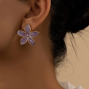Purple Enamel Flower Stud Earrings For Women Alloy Gold Plated Marble Texture Five Petal Floral Elegant Jewelry