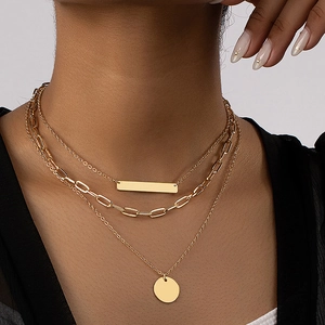 Multi Layer Necklace Alloy Paperclip Link Geometric Round Disk And Vertical Bar Pendant Fashion Jewelry For Women