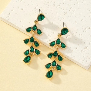 Elegant gold drop earrings with layered dark green teardrop gemstones and leaf design