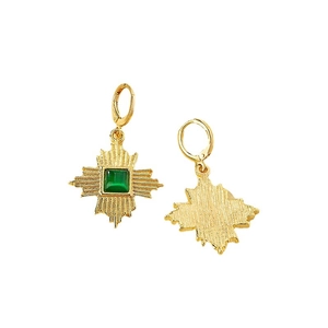 Golden earrings with square green stone and radial sunburst pattern on white background