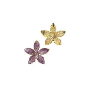 Minimalist purple enamel flower stud earrings with gold plating shown on white background