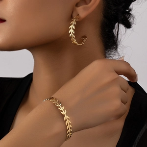 Gold Plated Alloy Jewelry Collection Laurel Leaf Wheat Pattern C-Shaped Earrings And Open Bracelet Fashion Elegant Women