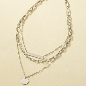 Chic multi-layer silver necklace with paperclip chain, rectangle bar and round disc pendant