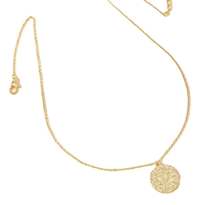 Elegant gold sun coin pendant necklace with embossed relief and fine link chain