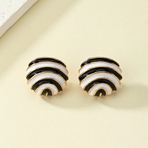 Black White Striped Enamel Stud Earrings Alloy Gold Plated Dome Retro Minimalist Jewelry For Women