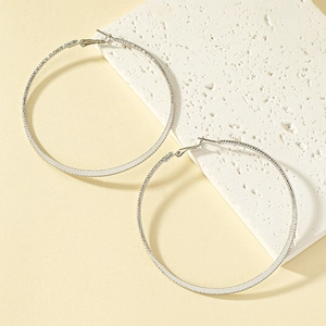 Macro shot of silver oversized hoop earrings with textured finish on a stone display