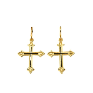 Boucles d'oreilles croix plaquées or avec émail noir sur fond blanc minimaliste