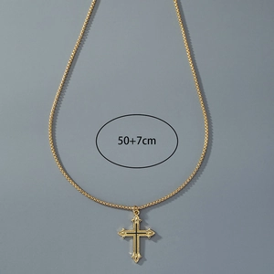 Detailed view of gold cross pendant necklace with black enamel and 50+7cm chain
