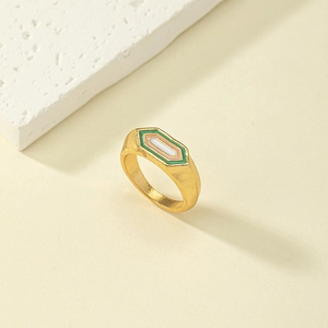 Vintage gold geometric enamel ring with multilayer green and pink nested hexagons