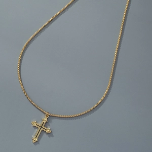 Minimalist gold gothic cross necklace with black enamel center on wheat chain for men