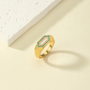 Retro Hexagon Enamel Ring Alloy Gold Tone Geometric Multi Layer Colorful Fashion Finger Jewelry For Women