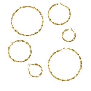 Three-pair set of golden twisted hoop earrings in graduated sizes on white background