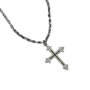Gothic silver cross pendant necklace with vintage finish and square link chain for men