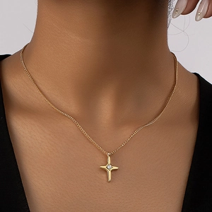 Dainty Cross Star Pendant Necklace Gold Alloy Rhinestone Inlaid Minimalist Jewelry For Women Elegant Fashion