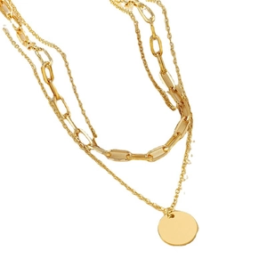 Three-layer gold necklace set with chunky rectangular links and minimalist circular pendant