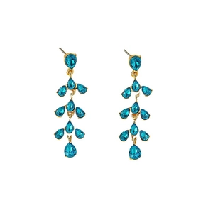 Elegant gold drop earrings featuring tiered blue waterdrop gemstones in a leaf fringe style