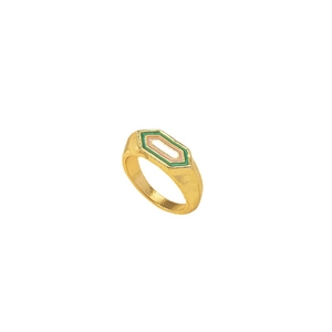 Enamel hexagonal geometric ring with layered green, pink and white color inlay