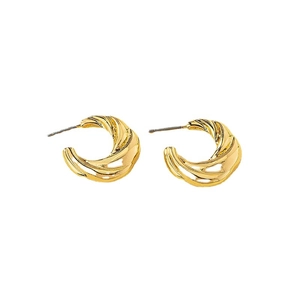 Minimalist golden C-shape hoop earrings with twisted alloy spiral texture on white background