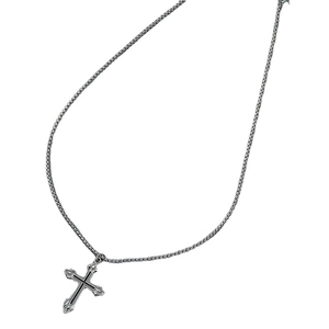 Minimalist silver stainless steel cross pendant necklace with black enamel inlay detail