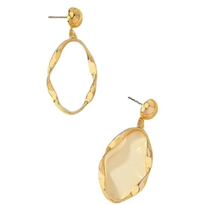 Gold twisted oval drop earrings with white enamel inlay and minimalist aesthetic