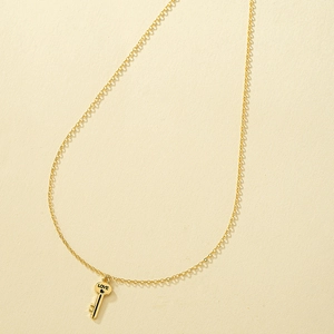 Minimalist gold tone lock and key couple necklace with LOVE engraving and heart