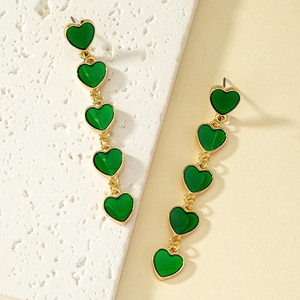 Elegant long drop heart earrings with green enamel and gold-tone finish in 5-heart design