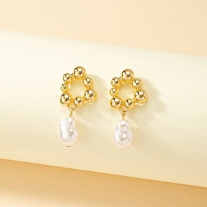 Boucles D Oreilles Pendantes Künstliche Perles Baroques Rétro Françaises Cercle Géométrique Creux Künstliche Perles Alliage Doré Élégantes