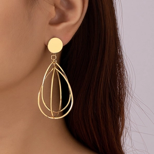 Gold Multi-Layered Teardrop Dangle Earrings Alloy Geometric Hollow Water Drop Elegant Jewelry For Women