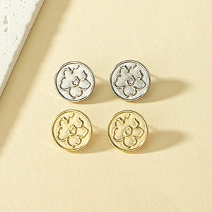 Vintage Camellia Flower Relief Round Disc Stud Earrings Alloy Matte Gold Silver Tone Floral Jewelry For Women