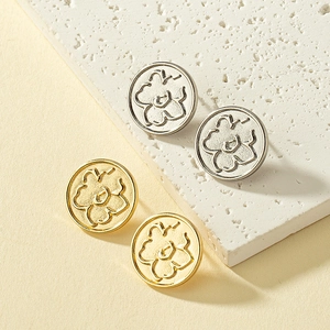 Floral relief round stud earrings set in gold and silver finish for women