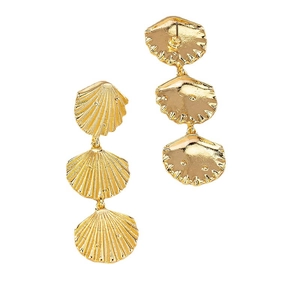 Golden seashell drop earrings with triple scallop charms and textured metal finish