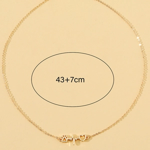 Gold minimalist heart and paw print heartbeat necklace with 43+7cm chain