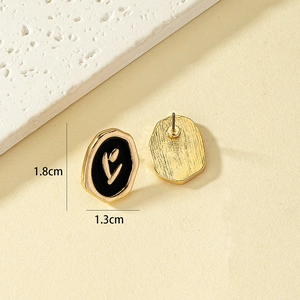Vintage oval black enamel tulip stud earrings in golden finish with 1.8cm height