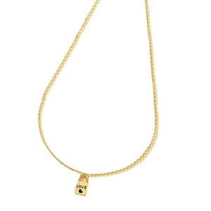 Minimalist gold necklace with a rectangular padlock pendant engraved with Love and heart