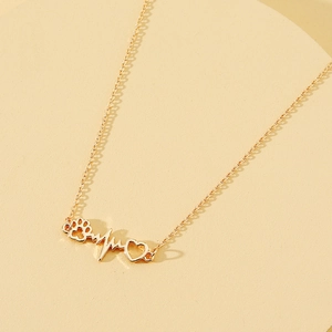 Pet Paw Heartbeat Heart Alloy Pendant Necklace Gold Color Minimalist Fashion Cute Jewelry Gift For Women Girls