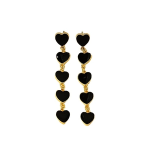 Elegant long black enamel heart drop earrings with gold plating for women's fashion