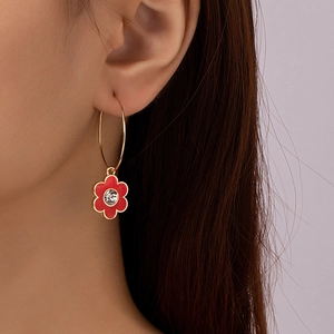 Blumen Reifen Tropfen Ohrringe Legierung Emaille Strass Elegant Rot Floral Schmuck Für Frauen Trendiges Mode Accessoire