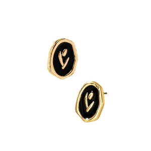 French vintage enamel tulip flower stud earrings with golden wavy edge in black and gold